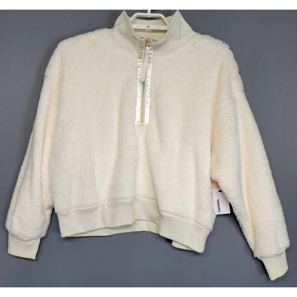 New Sonoma Sherpa Cozy Soft Sweater Womens XXL Faux Fur Fleece Zip Ivory - Picture 2 of 14